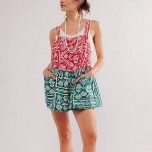 Free People Romper Women Red Green Tropical Cotton Vacation Boho size L BNWOT